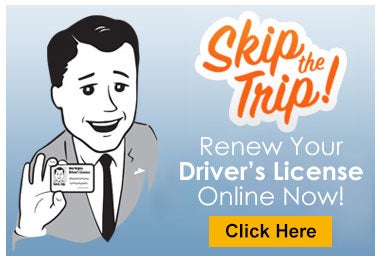 Promotional banner featuring a retro illustration of a smiling man holding up a West Virginia driver's license alongside orange text reading 'Skip the Trip! Renew Your Driver's License Online Now!' and a yellow 'Click Here' button