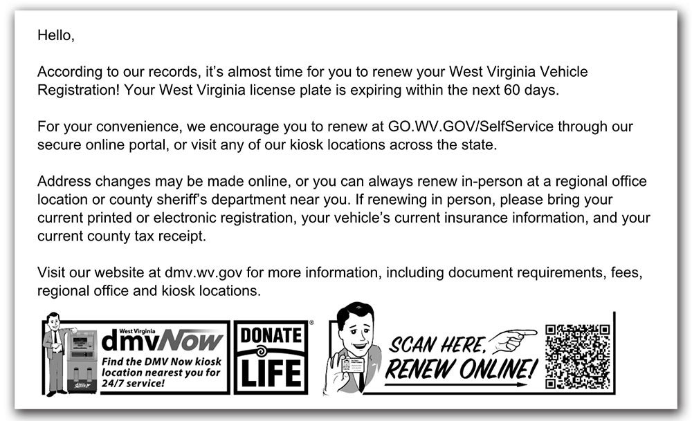 A sample West Virginia DMV vehicle registration renewal reminder postcard explaining online, kiosk, and in-person renewal options, required documents, and featuring promotional graphics for DMV Now kiosks, Donate Life, and a QR code to renew online