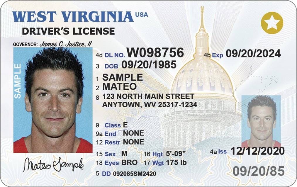 A sample West Virginia REAL ID-compliant driver's license featuring a gold star in the top-right corner, a background illustration of the State Capitol dome, and sample personal information for 'Mateo Sample'