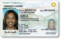 A sample West Virginia REAL ID-compliant driver's license featuring a gold star in the top-right corner, a background illustration of the New River Gorge Bridge, an organ donor heart icon, and sample personal information for 'Brenda Sample'