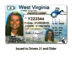 A sample horizontal West Virginia driver's license issued to drivers age 21 and older, featuring standard state branding and placeholder personal information for 'Another S. Sample II'