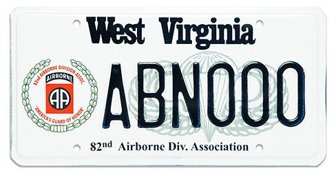 A West Virginia specialty license plate for the 82nd Airborne Division Association, featuring the 82nd Airborne emblem on the left, parachutist wings watermarked in the center, a bottom label reading '82nd Airborne Div. Association', and sample registration number ABN000