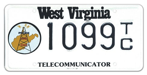 A West Virginia specialty license plate with the word 'TELECOMMUNICATOR' along the bottom, displaying registration number 1099 TC and an emblem on the left depicting a radio tower over a map of West Virginia marked 'POLICE', 'FIRE', and 'EMS'