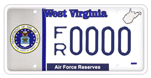 A West Virginia military license plate labeled 'Air Force Reserves' along the bottom, featuring the official Department of the Air Force seal on the left, a state outline in the top right, and registration number FR 0000