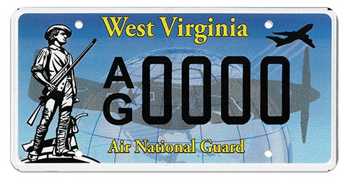 A West Virginia military license plate labeled 'Air National Guard' along the bottom, featuring a Minuteman statue graphic on the left, registration number AG 0000 in the center, and aircraft silhouettes over a blue globe background
