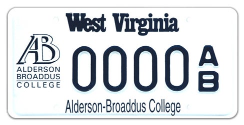 A West Virginia specialty license plate labeled 'Alderson-Broaddus College' along the bottom, featuring the college's AB logo on the left and registration number 0000 AB in dark blue.