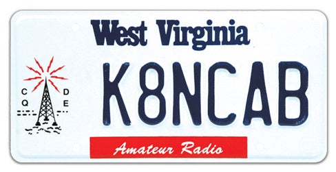 A West Virginia specialty license plate labeled 'Amateur Radio' in a red banner along the bottom, featuring a radio transmission tower graphic on the left and amateur radio call sign K8NCAB as the registration number