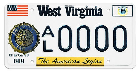 A West Virginia specialty license plate labeled 'The American Legion' in a yellow banner along the bottom, featuring the official American Legion emblem above 'Chartered 1919' on the left, registration number AL 0000 in the center, and the U.S. and West Virginia flags in the top corners