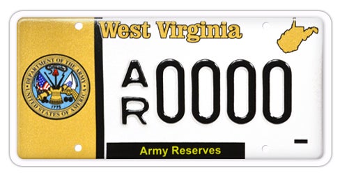 A West Virginia military license plate labeled 'Army Reserves' in a black banner along the bottom, featuring the Department of the Army seal on a gold panel on the left, a gold state outline in the top right, and registration number AR 0000