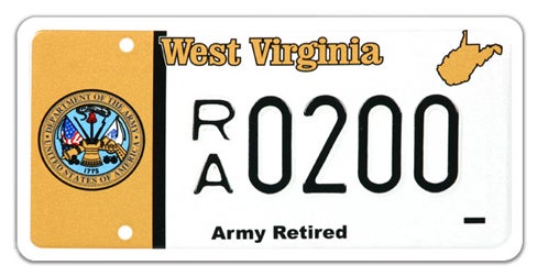 A West Virginia military license plate labeled 'Army Retired' along the bottom, featuring the official Department of the Army seal on a gold panel on the left, a gold state outline in the top right, and registration number RA 0200
