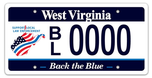 A West Virginia specialty license plate labeled 'Back the Blue' along the bottom, featuring a state-shaped emblem with an American flag and thin blue line alongside the text 'SUPPORT LOCAL LAW ENFORCEMENT' on the left, with registration number BL 0000