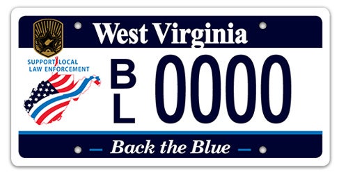 A West Virginia specialty license plate labeled 'Back the Blue' along the bottom, featuring a gold law enforcement badge crest, a state-shaped American flag with a thin blue line, and the registration number BL 0000