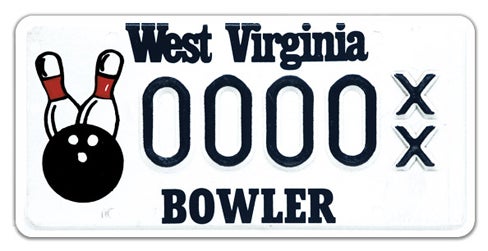 A West Virginia specialty license plate labeled 'BOWLER' along the bottom, featuring an illustration of a bowling ball and two pins on the left and registration number 0000 XX