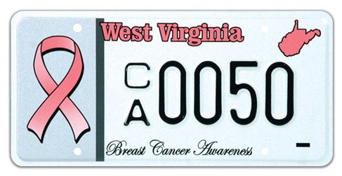 A West Virginia specialty license plate labeled 'Breast Cancer Awareness' in cursive script along the bottom, featuring a pink ribbon graphic on the left, a pink state outline in the top right, and registration number CA 0050