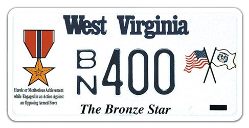 A West Virginia military license plate labeled 'The Bronze Star' along the bottom, featuring a Bronze Star Medal graphic on the left above award achievement text, crossed U.S. and West Virginia flags on the right, and registration number BZN 400