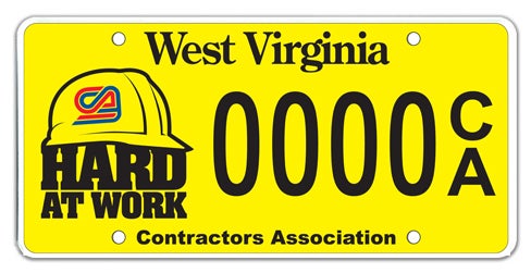 A bright yellow West Virginia specialty license plate labeled 'Contractors Association' along the bottom, featuring a hard hat emblem with the CAWV logo and 'HARD AT WORK' text on the left, with registration number 0000 CA
