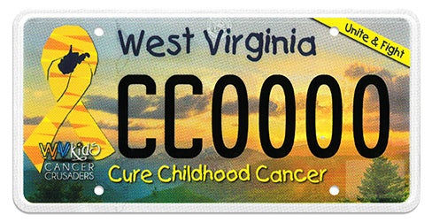 A West Virginia specialty license plate labeled 'Cure Childhood Cancer' along the bottom, featuring a yellow ribbon with the WV Kids Cancer Crusaders logo on the left, a 'Unite & Fight' banner in the top right, a scenic mountain sunset background, and registration number CC00000