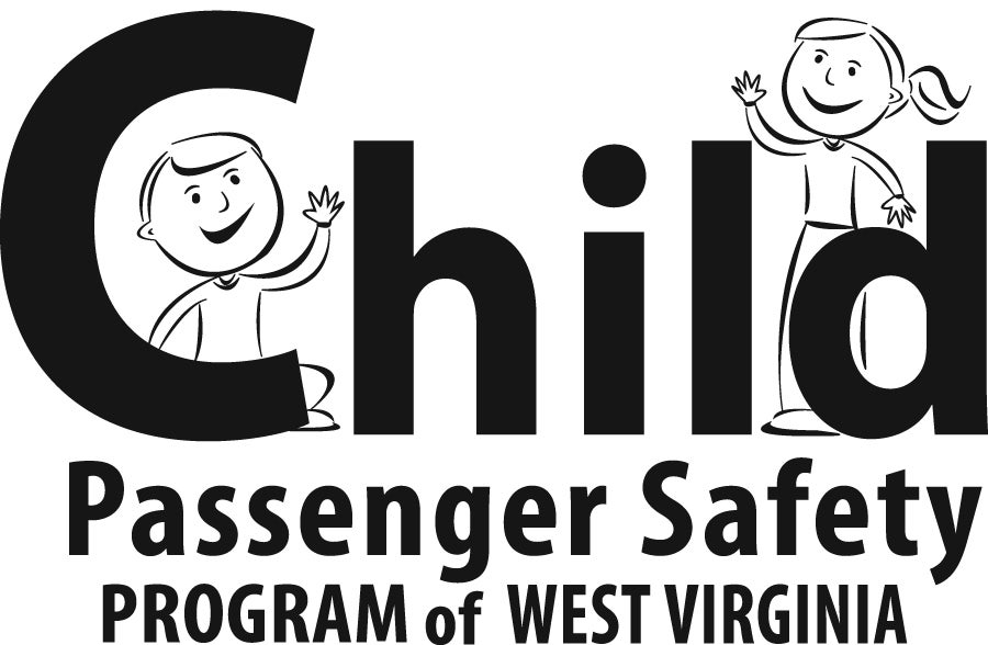 A black-and-white logo for the Child Passenger Safety Program of West Virginia, featuring the word 'Child' with cartoon illustrations of a waving boy inside the letter C and a waving girl by the letter d, positioned above the text 'Passenger Safety PROGRAM of WEST VIRGINIA'