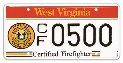 A West Virginia specialty license plate labeled 'Certified Firefighter' along the bottom, featuring a red top header banner, a circular 'Certified Firefighter' seal on the left, and registration number CF 0500