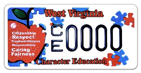A West Virginia specialty license plate labeled 'Character Education' along the bottom, featuring a red apple puzzle graphic listing core values like Citizenship, Respect, and Responsibility on the left, scattered red and blue puzzle pieces, and registration number CE 0000