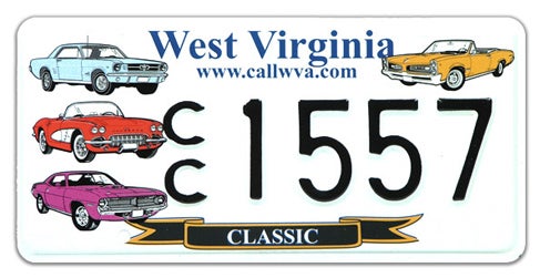 A West Virginia specialty license plate labeled 'CLASSIC' on a banner along the bottom, featuring illustrations of four classic cars in various colors around the registration number CC 1557