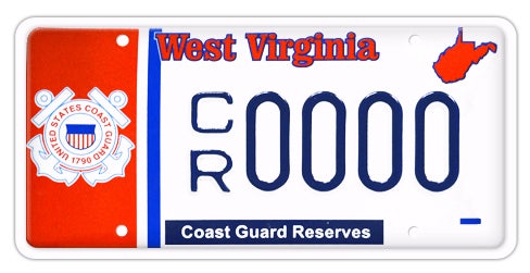 A West Virginia military license plate labeled 'Coast Guard Reserves' along the bottom, featuring a red vertical banner with the U.S. Coast Guard emblem on the left, a red state outline in the top right, and registration number CR 0000