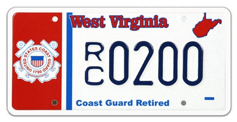 A West Virginia military license plate labeled 'Coast Guard Retired' along the bottom, featuring a red vertical banner with the U.S. Coast Guard emblem on the left, a red state outline in the top right, and registration number RC 0200