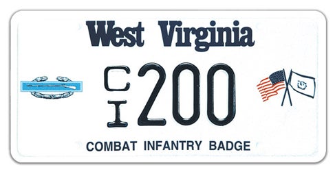 A West Virginia military license plate labeled 'COMBAT INFANTRY BADGE' along the bottom, featuring a Combat Infantry Badge emblem on the left, crossed U.S. and West Virginia flags on the right, and registration number CI 200