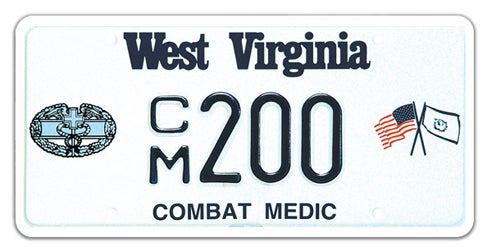 A West Virginia military license plate labeled 'COMBAT MEDIC' along the bottom, featuring a Combat Medical Badge graphic on the left, crossed U.S. and West Virginia flags on the right, and registration number CM 200
