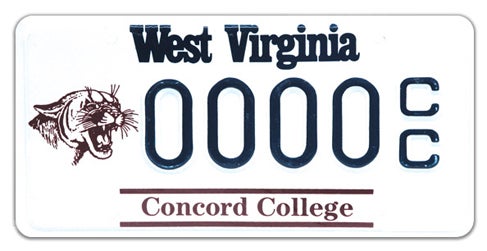 A West Virginia collegiate specialty license plate labeled 'Concord College' along the bottom, featuring a maroon mountain lion mascot graphic on the left and registration number 0000 CC