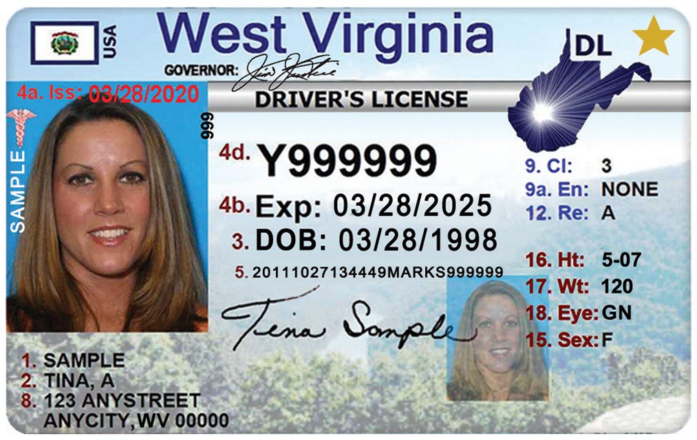 A sample West Virginia REAL ID-compliant driver's license featuring a gold star in the top right corner, a specimen photo, and placeholder personal information for 'Tina A. Sample'