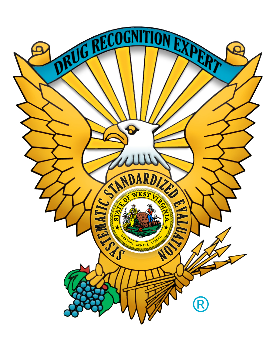 Official seal for the West Virginia Drug Recognition Expert program, featuring a golden bald eagle holding a blue ribbon that reads 'DRUG RECOGNITION EXPERT', encircling the West Virginia State Seal with the text 'SYSTEMATIC STANDARDIZED EVALUATION'.