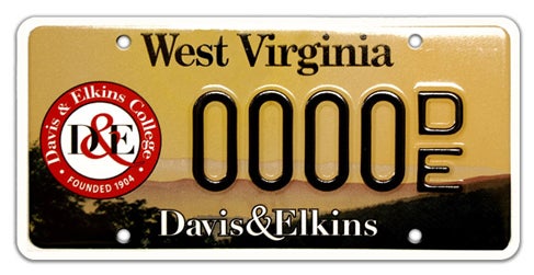 A West Virginia collegiate specialty license plate labeled 'Davis & Elkins' along the bottom, featuring a circular red Davis & Elkins College seal on the left over a scenic mountain background, with registration number 0000 DE