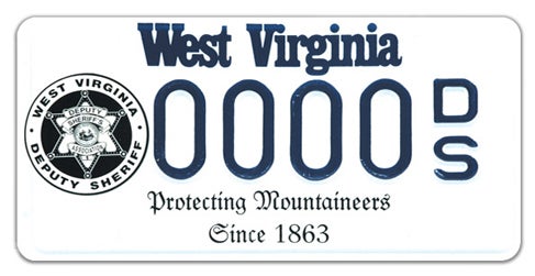 A West Virginia organizational license plate featuring a West Virginia Deputy Sheriff star badge emblem on the left, the phrase 'Protecting Mountaineers Since 1863' along the bottom, and registration number 0000 DS