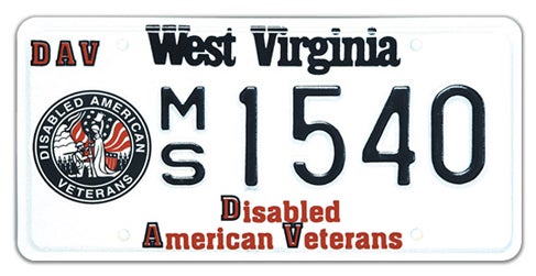 A West Virginia specialty license plate labeled 'Disabled American Veterans' along the bottom, featuring the official Disabled American Veterans circular emblem on the left, 'DAV' in the upper-left corner, and registration number MS 1540.