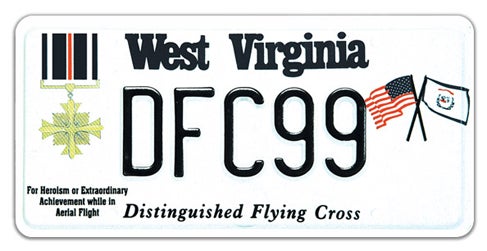 A West Virginia military license plate labeled 'Distinguished Flying Cross' along the bottom, featuring a Distinguished Flying Cross medal on the left, crossed U.S. and West Virginia flags on the right, and registration number DFC99