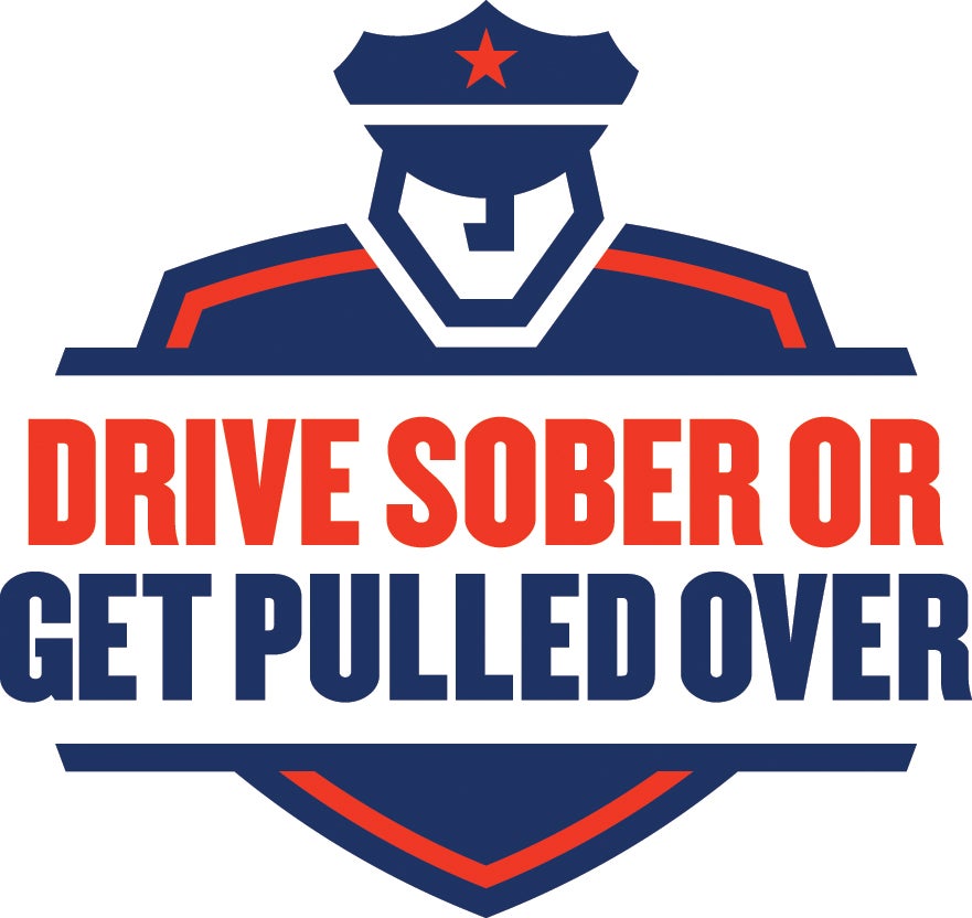 The official 'Drive Sober or Get Pulled Over' safety campaign logo, featuring a police officer silhouette atop a shield outline with bold red and dark blue text.