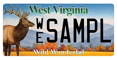 A West Virginia wildlife specialty license plate featuring a bull elk on the left against a mountain and autumn landscape background, with 'West Virginia' at the top, 'Wild Wonderful' along the bottom, and sample registration WE SAMPL.