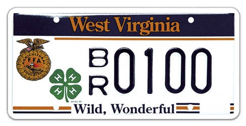 A West Virginia specialty license plate featuring the National FFA Organization crest and green 4-H four-leaf clover emblem on the left, 'West Virginia' across the top banner, 'Wild, Wonderful' along the bottom, and sample registration BR 0100.