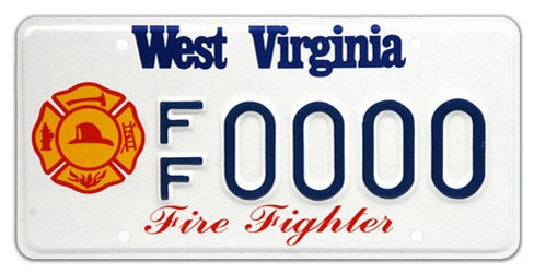 A West Virginia specialty license plate for firefighters, featuring a red and yellow Maltese cross emblem on the left, 'Fire Fighter' in red cursive script along the bottom, and sample registration number FF 0000