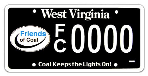 A black West Virginia specialty license plate featuring the oval 'Friends of Coal' logo on the left, the slogan 'Coal Keeps the Lights On!' along the bottom, and sample registration number FC 0000