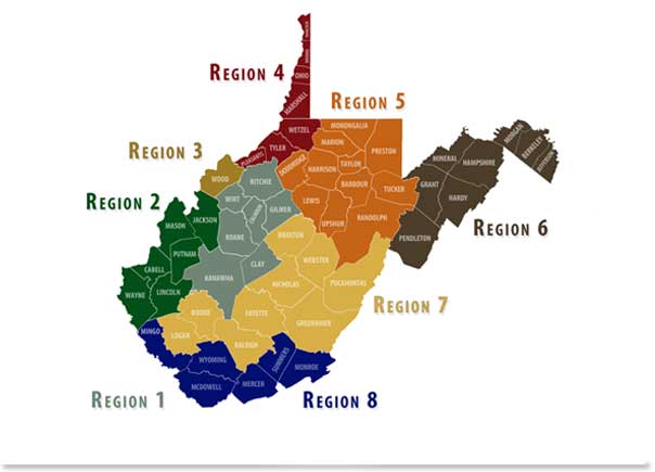 A color-coded county map of West Virginia divided into eight Governor's Highway Safety Program (GHSP) regional territories, labeled Region 1 through Region 8