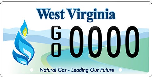 A West Virginia specialty license plate for the Gas and Oil Association, featuring a blue flame emblem on the left, a landscape background with hills and water, the slogan 'Natural Gas - Leading Our Future' along the bottom, and sample registration GO 0000.