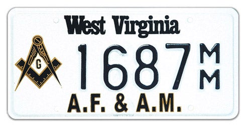 A West Virginia specialty license plate for Ancient Free and Accepted Masons, featuring the Masonic Square and Compasses emblem on the left, 'A.F. & A.M.' printed along the bottom, and sample registration number 1687 MM