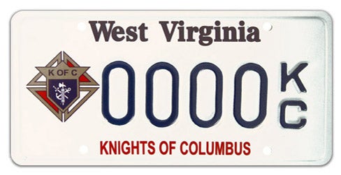 A West Virginia specialty license plate for the Knights of Columbus, featuring the organization's emblem on the left, 'KNIGHTS OF COLUMBUS' printed in red text along the bottom, and sample registration number 0000 KC