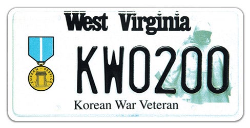 A West Virginia military specialty license plate honoring Korean War veterans, featuring the Korean Service Medal on the left, a faded soldier graphic on the right, 'Korean War Veteran' printed along the bottom, and sample registration KW0200