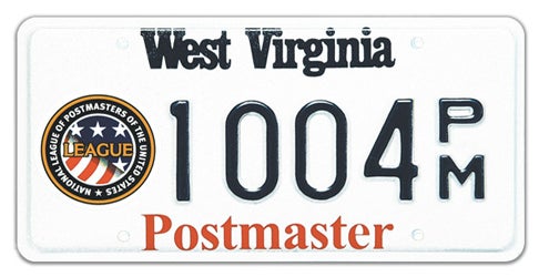 A West Virginia specialty license plate for the League of Postmasters, featuring the organization's circular emblem on the left, 'Postmaster' printed in red text along the bottom, and sample registration number 1004 PM.