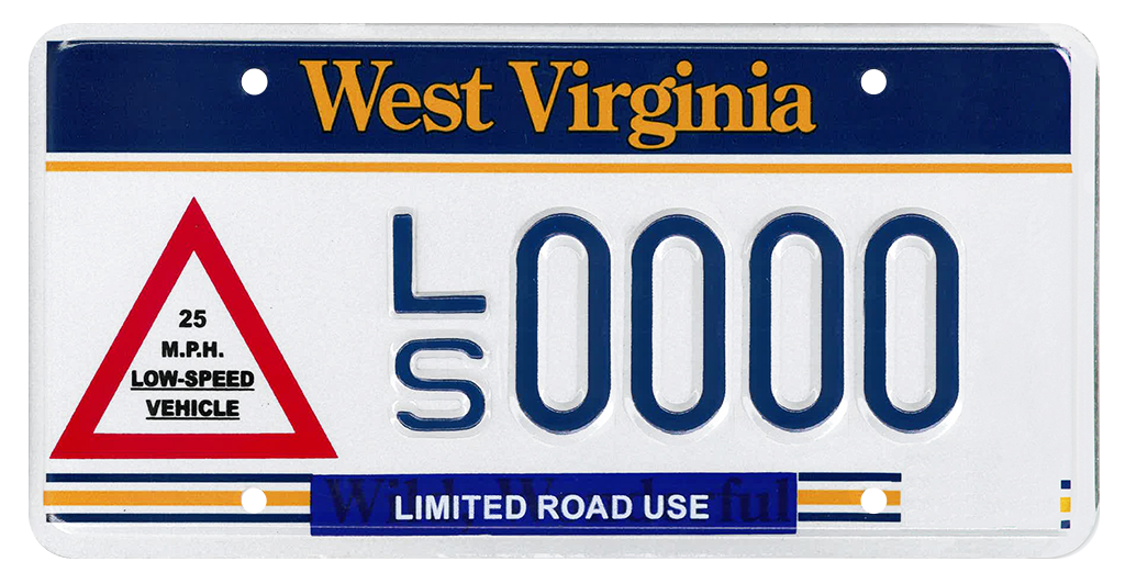A West Virginia specialty license plate for Low-Speed Vehicles, featuring a red triangle warning icon with '25 M.P.H. LOW-SPEED VEHICLE' on the left, 'LIMITED ROAD USE' printed along the bottom, and sample registration LS 0000