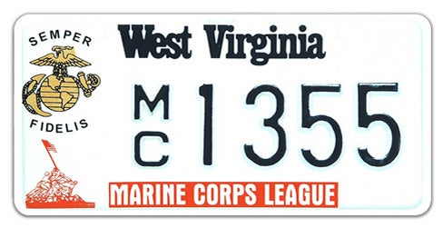 A West Virginia specialty license plate for the Marine Corps League, featuring the Eagle, Globe, and Anchor emblem and an Iwo Jima memorial graphic on the left, 'MARINE CORPS LEAGUE' printed along the bottom, and sample registration MC 1355