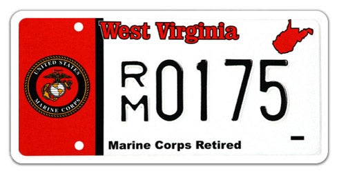 A West Virginia military specialty license plate honoring retired Marine Corps personnel, featuring a red vertical band on the left with the official U.S. Marine Corps seal, 'Marine Corps Retired' printed along the bottom, and sample registration RM 0175